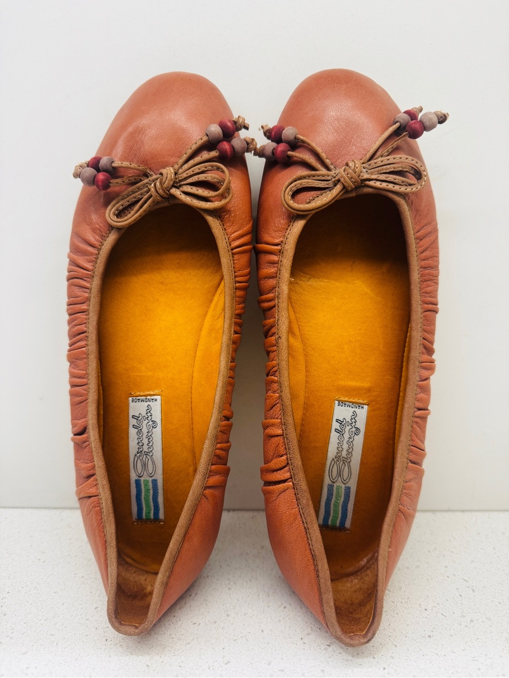 Arnold Churgin Ballet Flats Camel Tan Genuine Leather Shoes Bow Tie Sz 37